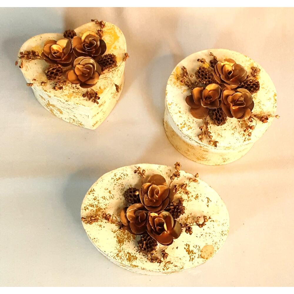 💎Three Decorative Gift Trinket Boxes Dry Flowers Cream Round Oval Heart Shaped